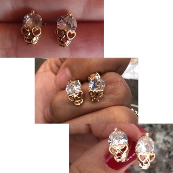 Crystal Skull Heart Rose Gold Toned Earrings - Picture 6 of 8